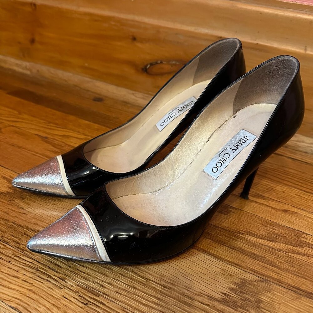 Jimmy Choo Bahama Pumps, Black Patent w/ Silver and Cream